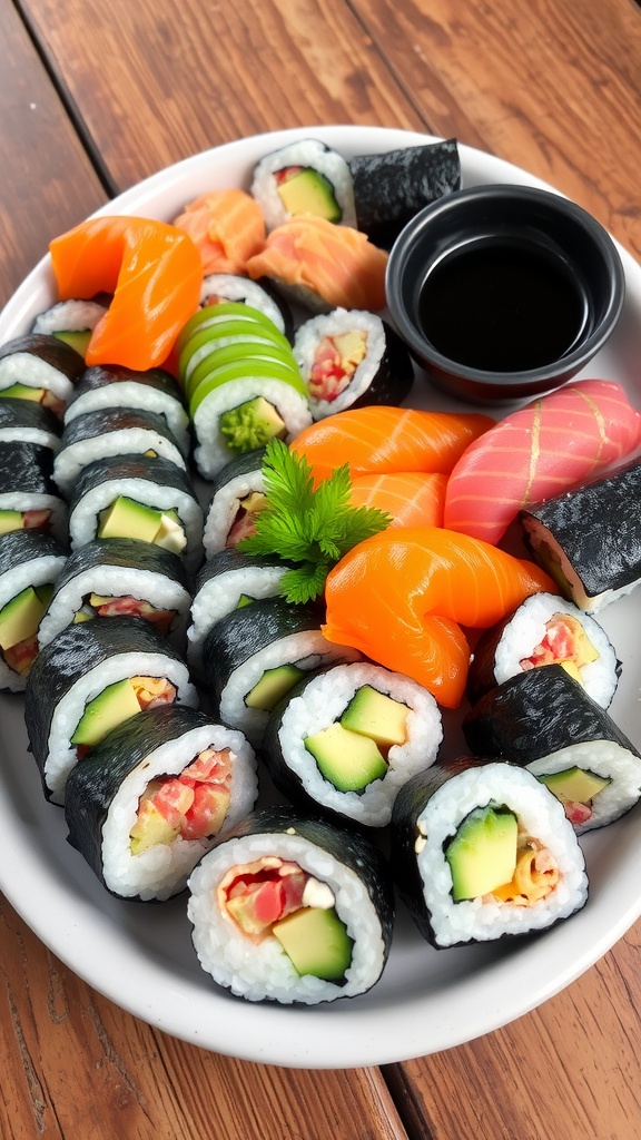 A colorful assortment of homemade sushi rolls on a wooden platter, garnished with ginger and wasabi.